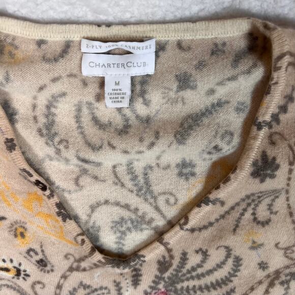 Charter Club 100% Cashmere Sweater Womens Medium Beige Paisley V Neck Soft - Picture 3 of 5